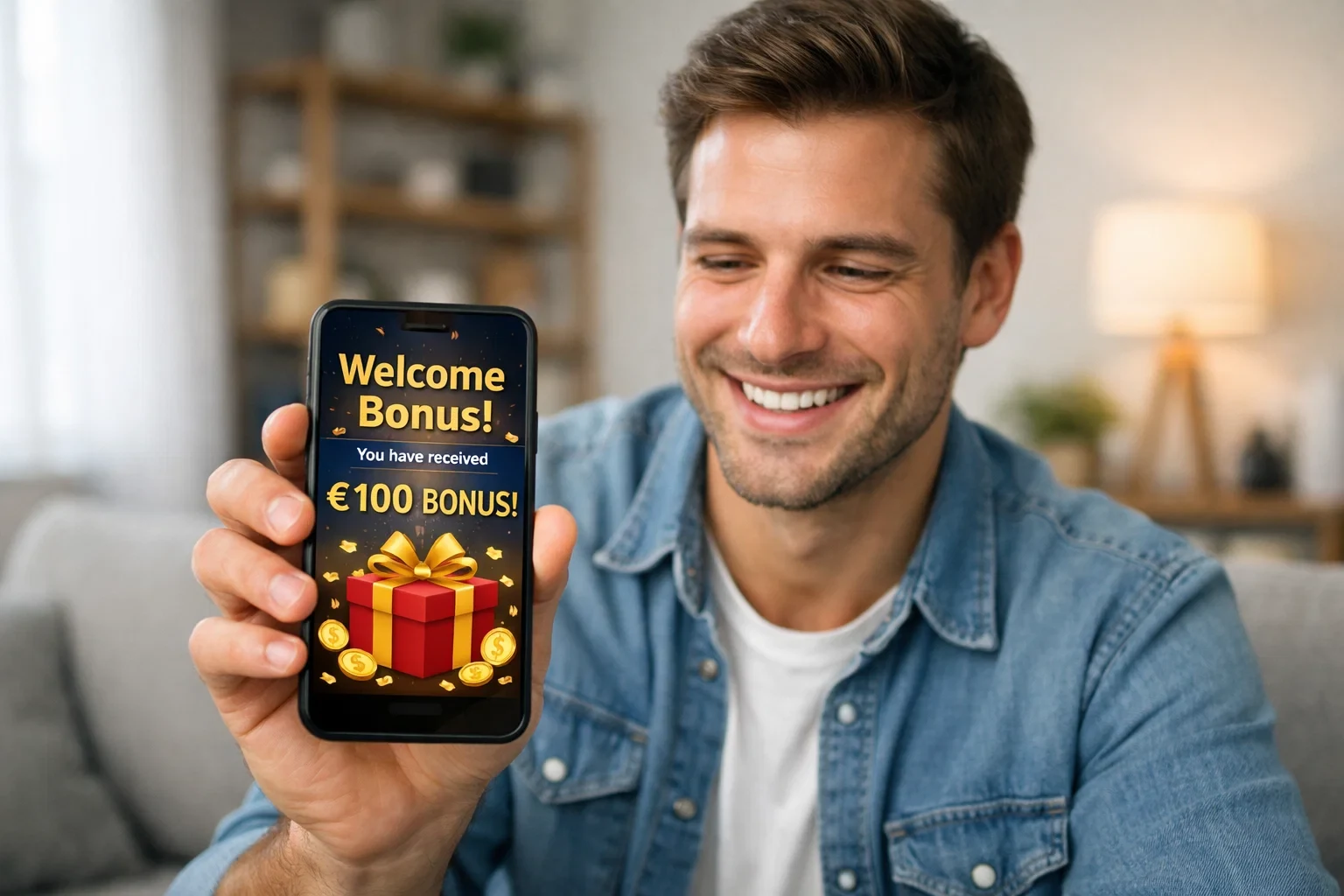 Persoon ontvangt welkomstbonus op smartphone