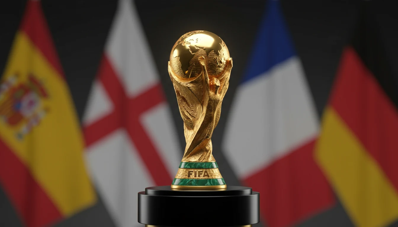 WK 2026 trofee met vlaggen van favoriete landen