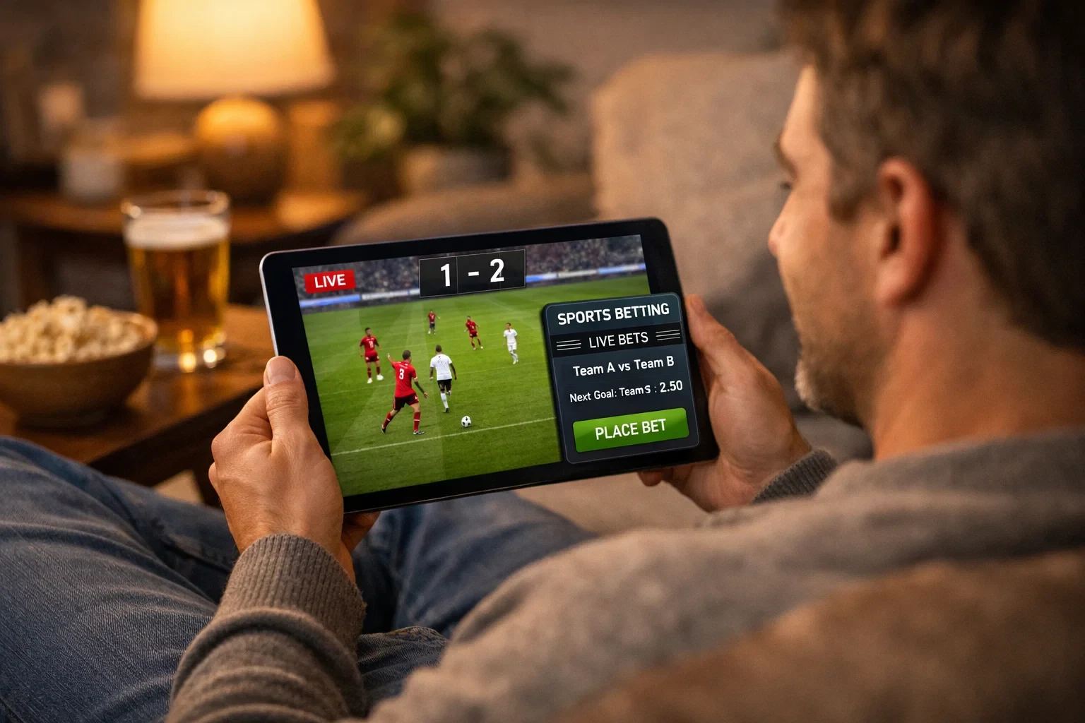 Fan bekijkt voetbalwedstrijd op tablet