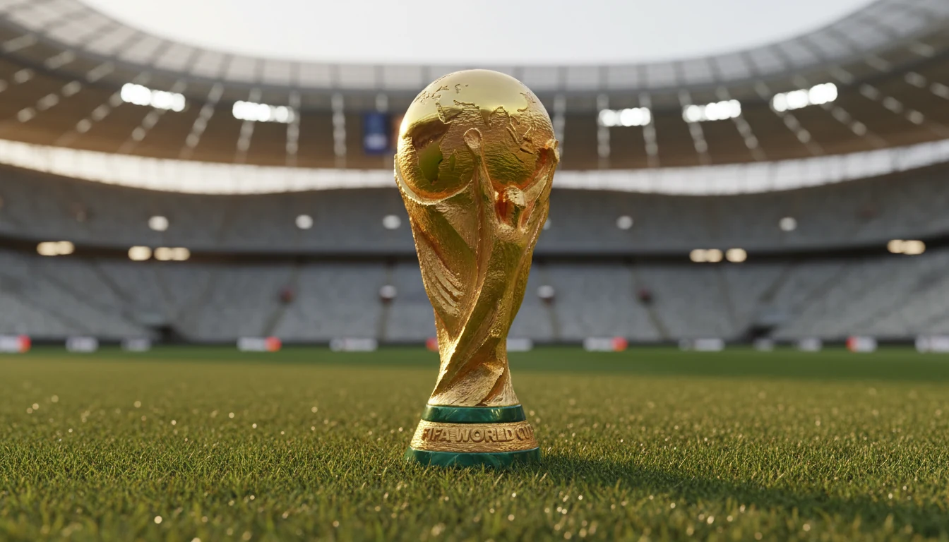 Gouden WK trofee op voetbalveld