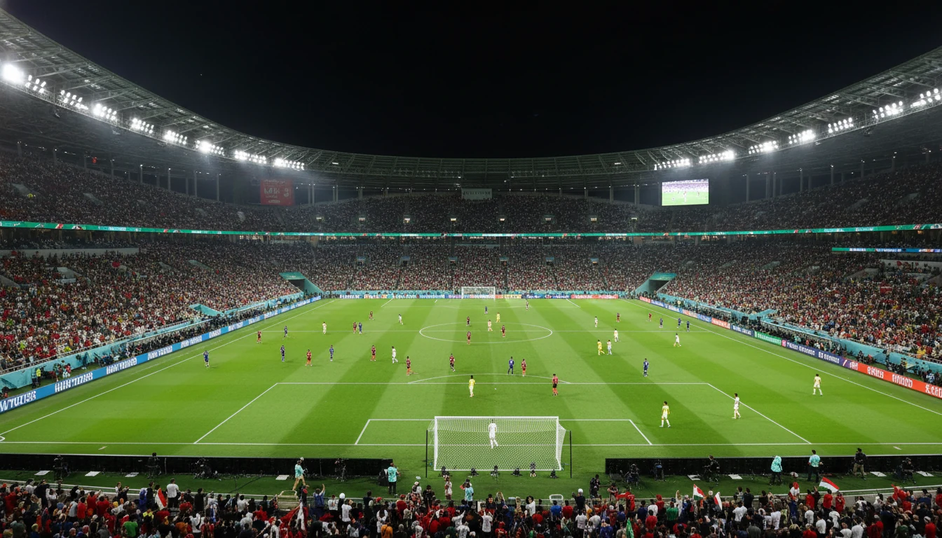 Live voetbalwedstrijd in stadion bij avond