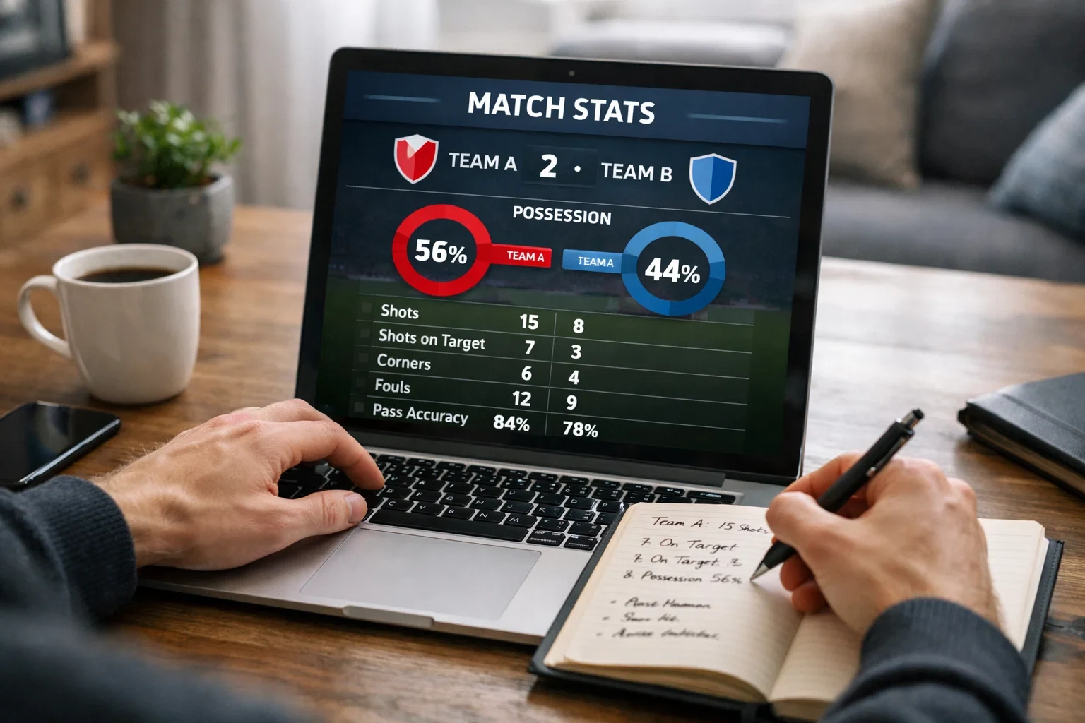 Persoon analyseert voetbalstatistieken op laptop