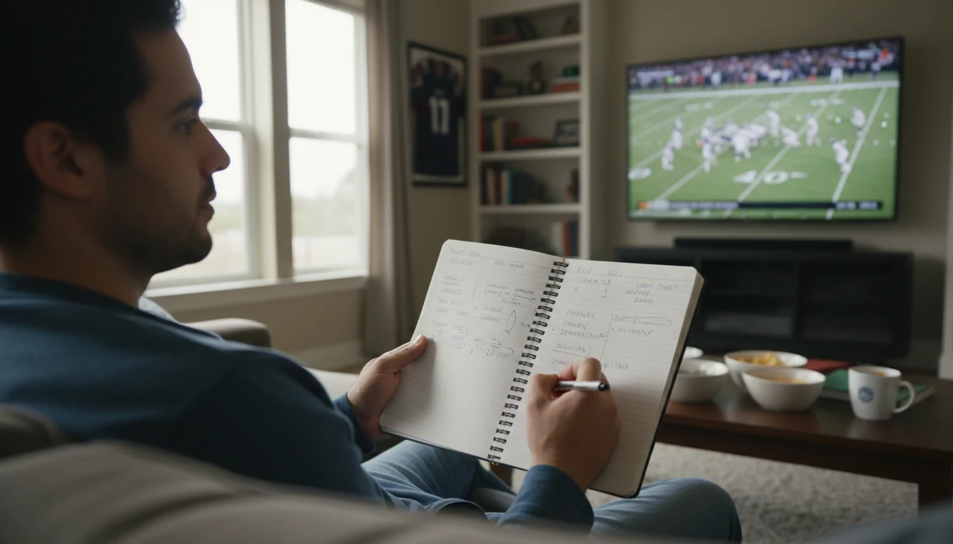 Persoon maakt aantekeningen over voetbalwedstrijd