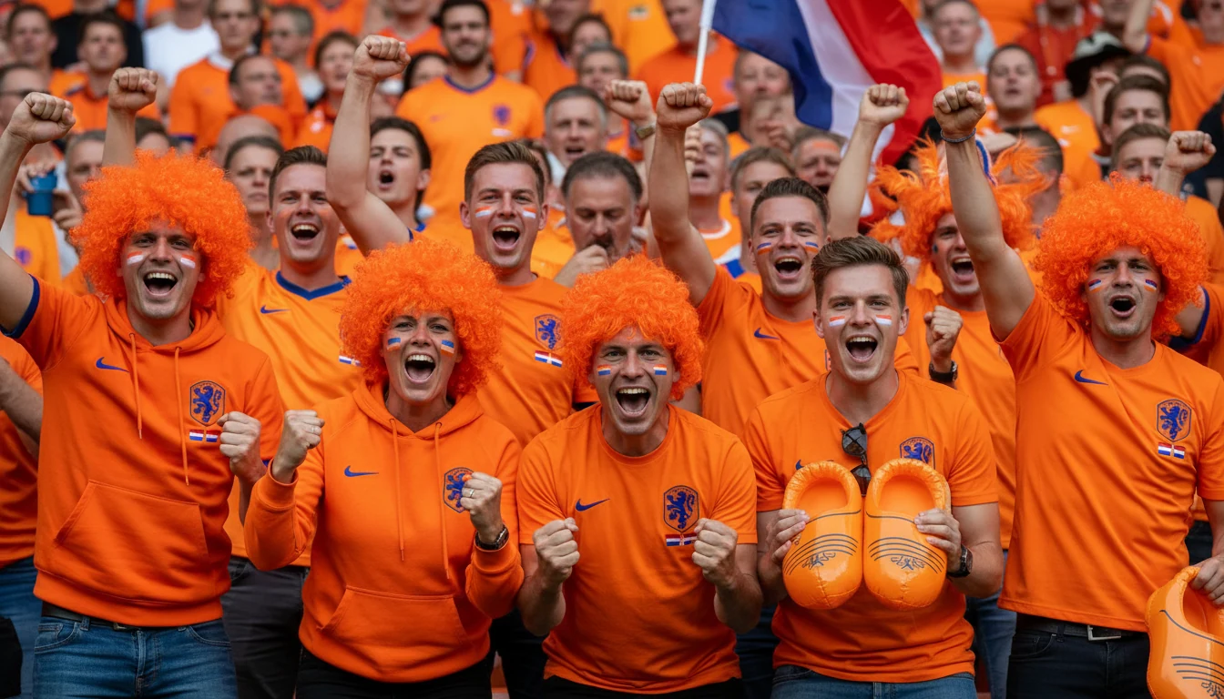 Nederlandse supporters in oranje kleding vieren een doelpunt van Oranje