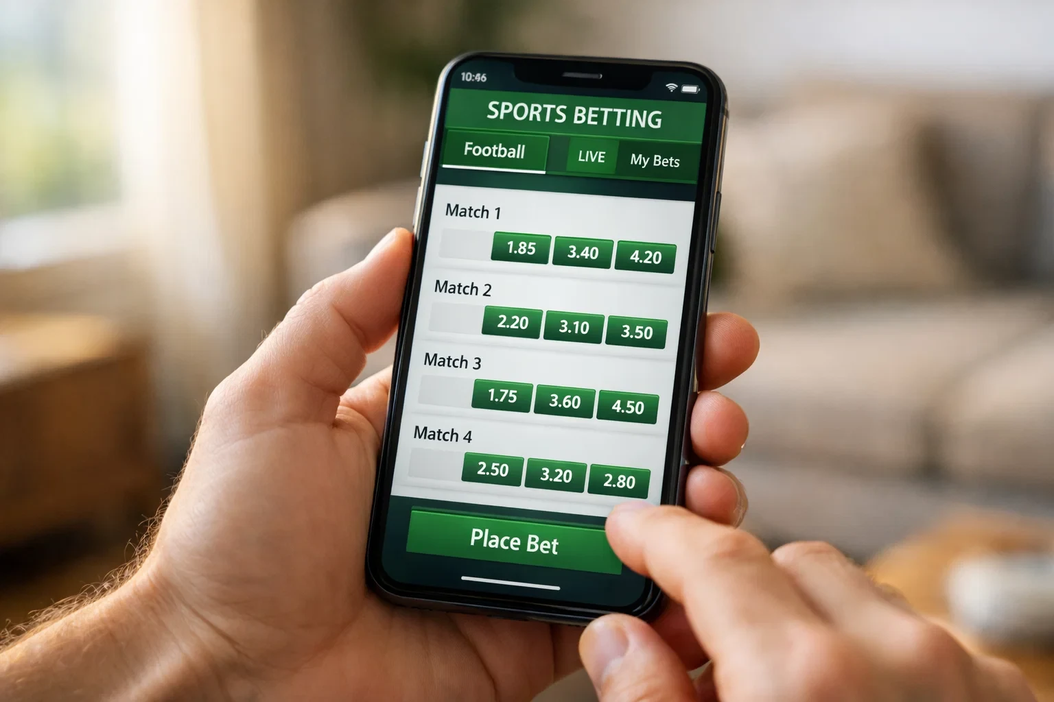 Smartphone met sportweddenschappen app interface in iemands hand