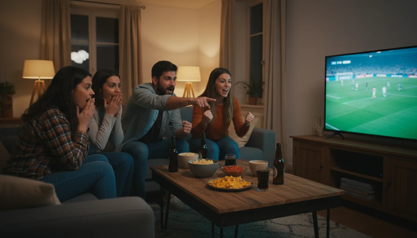 Groep vrienden kijkt samen naar een voetbalwedstrijd in een huiskamer