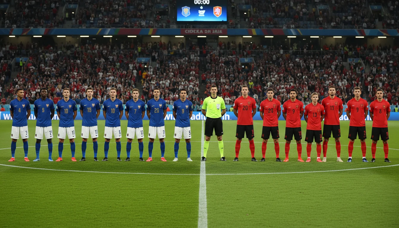 Voetballers van verschillende landen staan klaar voor de aftrap op een grasveld