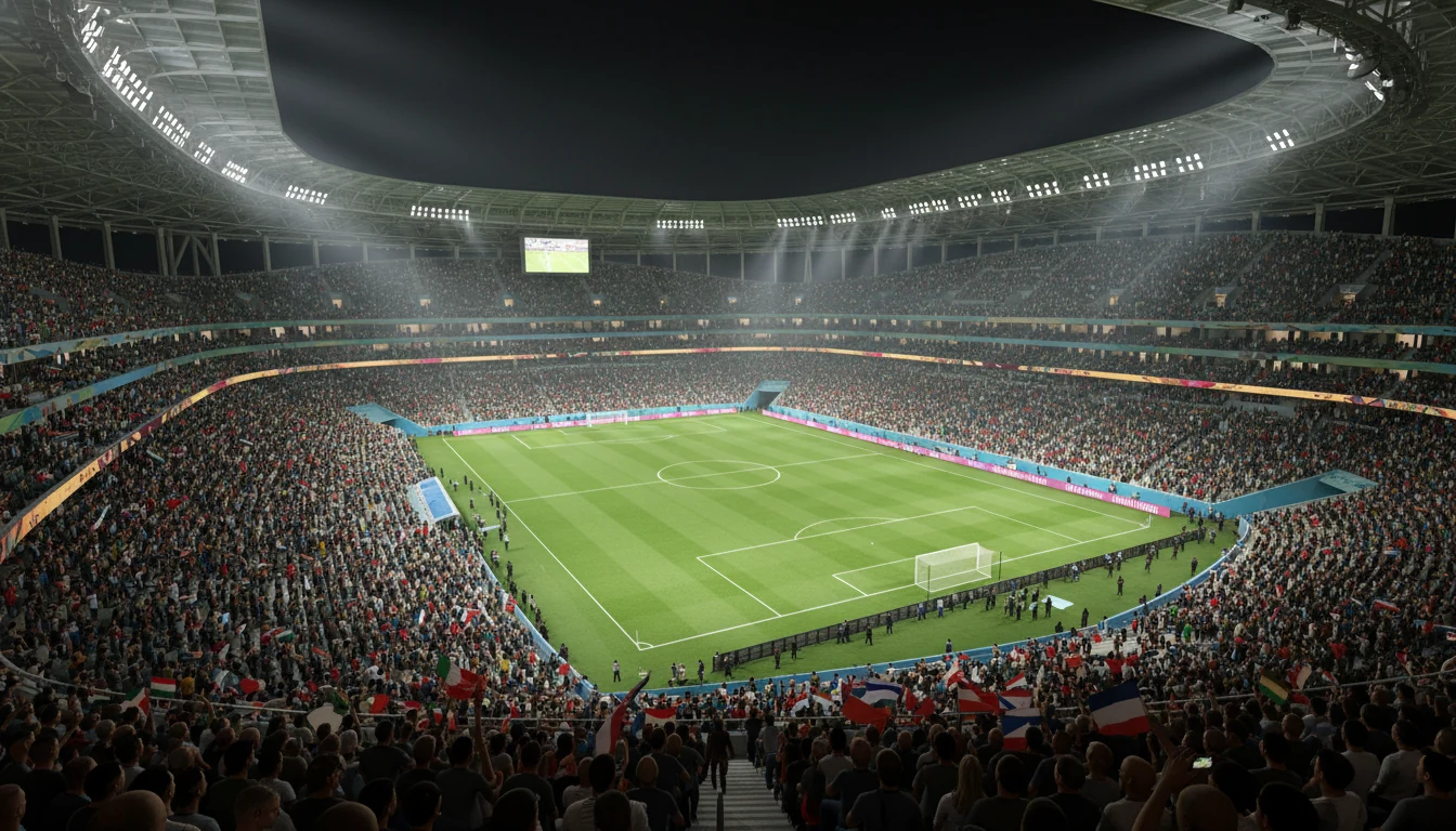 Modern voetbalstadion vol supporters met WK 2026 sfeer